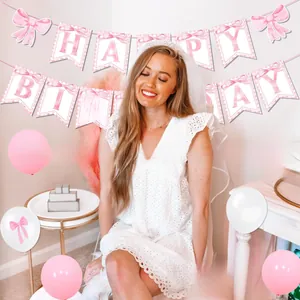 Pink bow happy birthday banner with matching latex balloons for party decoration