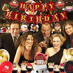 Casino theme party decorations with Happy Birthday banner, balloons, and poker cake toppers
