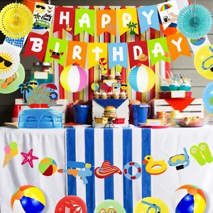 Summer beach theme birthday party set with banners, balloons, and paper lanterns