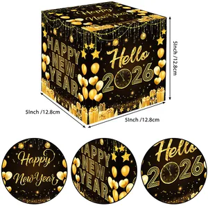 Black and gold 2026 New Year square money pull box with Happy New Year party patterns