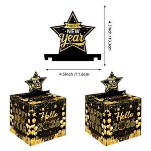 2026 Happy New Year black and gold square paper gift box with star toppers for party game