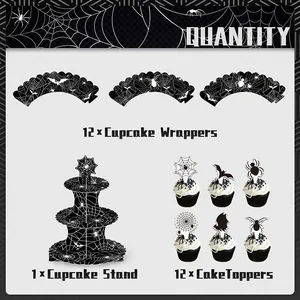 Halloween Cupcake-Ständer Set mit Spinnennetz-Hüllen und dekorativen Tortensteckern