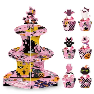 Kit Présentoir à Cupcakes Rose Halloween 3 Étages en Papier Avec Caissettes Et Toppers Chat Noir Chauve-souris Décoration de Fête