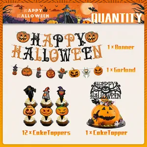 Detail of Halloween party set with glitter Happy Halloween banner and pumpkin cake toppers
