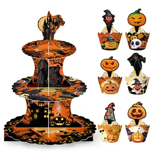 Halloween Mehrlagiger Papier Cupcake Ständer Set Karton Orange Schwarz Kürbis Geist Muster Party Kuchen Dekorationen Hüllen Topper