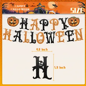 Glittery Happy Halloween banner with orange pumpkins and ghosts for party decoration