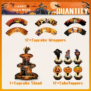 Halloween-Set mit 3-stöckigem Kürbis-Cupcake-Ständer und passenden Dekorationen