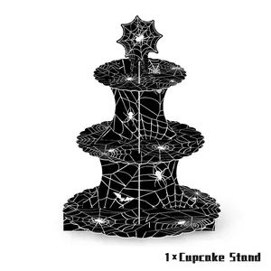 Dreistöckiger Halloween-Cupcake-Ständer mit schwarzem Spinnennetz-Design für Partys