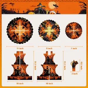 Three-tier Halloween cupcake stand size chart with orange pumpkin and bat themed decorations
