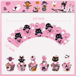Lot de caissettes et décorations de cupcakes Halloween roses avec chat noir et citrouille