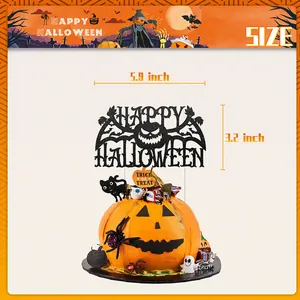 Glittery Happy Halloween cake topper with pumpkin and bat wings, 5.9 x 3.2 inch size