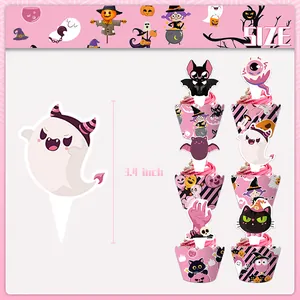 Set de décoration cupcake Halloween rose avec motifs chauve-souris et fantôme, taille 3,4 pouces