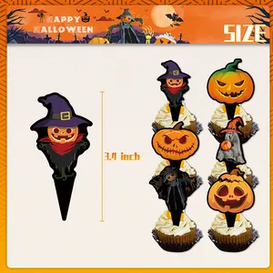 Halloween cupcake toppers set with pumpkin and ghost designs for festive party decoration
