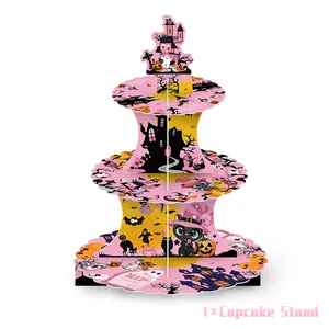 Support à cupcakes rose à 3 niveaux pour Halloween avec chat noir, chauve-souris et château