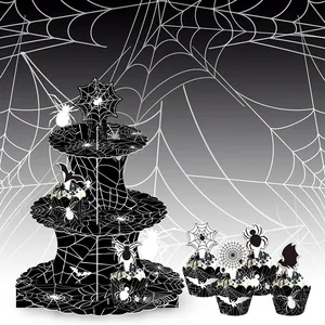 3-stufiger Halloween Etagenständer mit Spinnennetzmuster und Cupcake Deko-Set