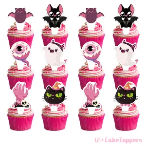 Détail de 12 décorations pour cupcakes d'Halloween avec chauves-souris et chats mignons