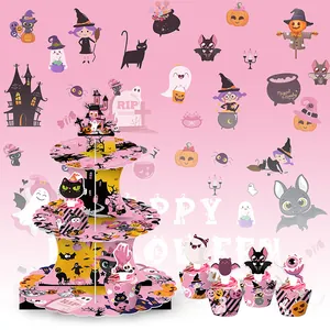Support à cupcakes rose 3 étages Halloween avec décorations chat noir et chauve-souris