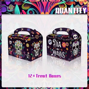 Set of 12 Day of the Dead candy treat boxes featuring colorful sugar skull designs