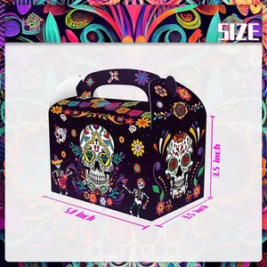 Day of the Dead candy box with colorful skull patterns measuring 5.9x3.5x3.5 inches