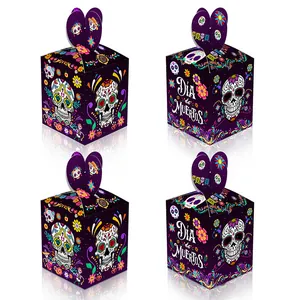 Scatole Di Caramelle Per Il Giorno Dei Morti Scatole Regalo In Cartone Viola Con Manico A Cuore Motivi Teschio Di Zucchero Calendula Bomboniere Messicane