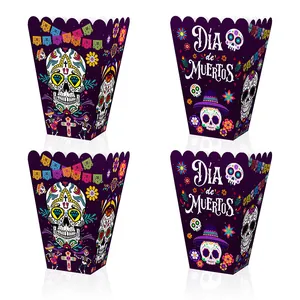 Day Of The Dead Popcorn Boxes Purple Sugar Skull Pattern Paper Candy Gift Boxes For Mexican Halloween Party Decorations