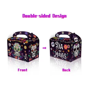 Day of the Dead candy box with double-sided colorful skull design and top handle