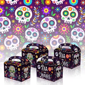 Colorful Day of the Dead candy gift boxes with handles and sugar skull patterns