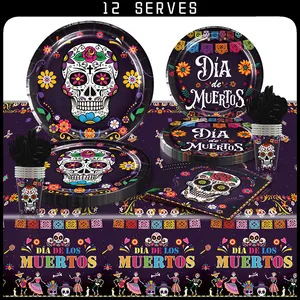 Mexican Day Of The Dead Party Decorations Disposable Paper Plates Cups Napkins Tablecloth Cutlery Sugar Skull Purple Halloween Supplies