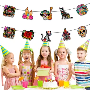 Dia de los Muertos party banners with sugar skull designs and festive decorations