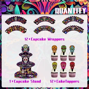 Support à cupcakes à 3 niveaux Dia de Muertos avec caissettes et décorations de fête