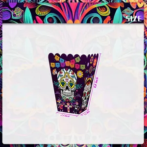 Day of the Dead sugar skull popcorn boxes with floral pattern and size dimensions