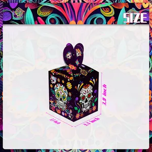 Scatola regalo viola Giorno dei Morti con teschi e fiori, misura 3,3 x 3,3 x 3,9 pollici