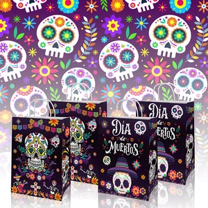 Set di quattro sacchetti regalo Día de Muertos in carta kraft con teschi e fiori