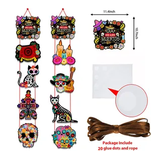 Day of the Dead door banner set with colorful skull cutouts and marigold festive patterns
