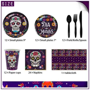 Detail of Day of the Dead party tableware set with skulls and floral patterns on purple