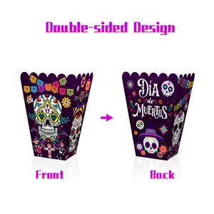 Day of the Dead paper popcorn boxes with colorful sugar skulls and double-sided design