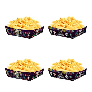 Detail view of Day of the Dead snack trays featuring colorful sugar skull prints