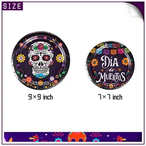 Day of the Dead disposable paper plates with sugar skull and marigold festival design