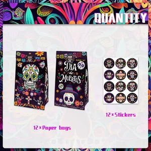 Set di 12 sacchetti regalo in carta Día de Muertos con motivi di teschi e adesivi
