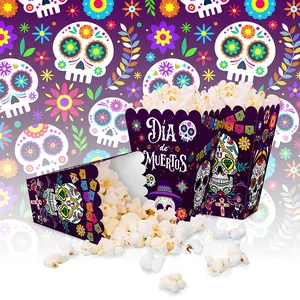 Day of the Dead popcorn boxes with sugar skulls and purple theme for party decor