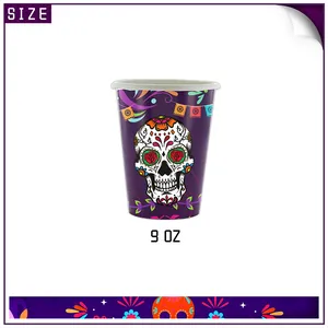 9 OZ Day of the Dead disposable paper cups with colorful sugar skull party patterns