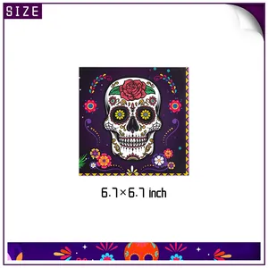 Day of the Dead party napkins with sugar skull and floral design, size 6.7x6.7 inches