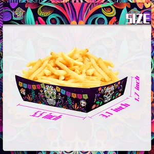 Day of the Dead themed paper snack tray for parties, measuring 5.5 x 3.1 x 1.7 inches