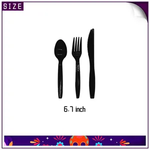 Size detail of 6.7 inch black plastic cutlery set for Day of the Dead party supplies