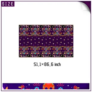 Purple Day of the Dead tablecloth with skull patterns measuring 51.1x86.6 inches