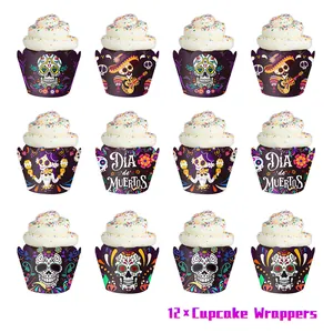 Détail du lot de 12 caissettes à cupcakes Jour des Morts avec motifs de squelettes