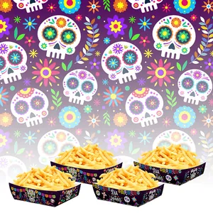Set of four Day of the Dead themed paper snack trays with colorful sugar skull designs