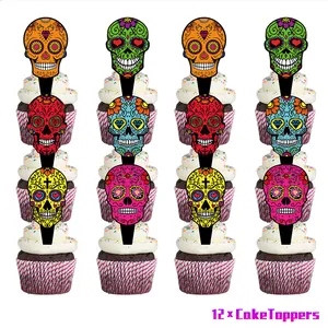 Détail de 12 décorations de gâteau tête de mort pour la fête du Jour des Morts