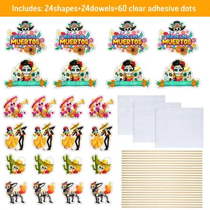 Dia de los Muertos party centerpiece set with 24 colorful skull and guitar card cutouts