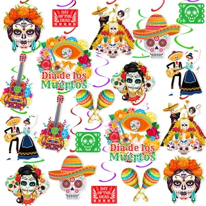 Set di Decorazioni per Feste Messicane del Giorno dei Morti Con Ciondoli E Appendini a Spirale Carta PVC Teschio di Zucchero Sombrero Ornamenti Sospesi